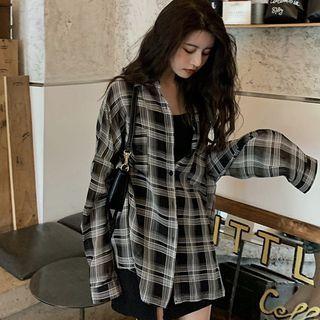 Plain Spaghetti-strap Dress / Plaid Shirt