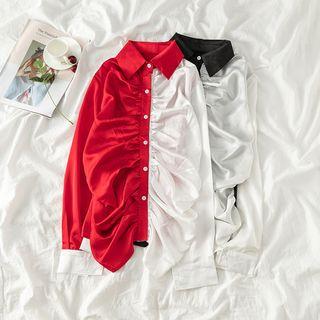 Long-sleeve Color-block Shirred Shirt