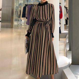 Long-sleeve Striped Mock-neck Midi Knit Dress As Shown In Figure - One Size