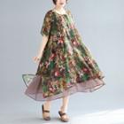 Elbow-sleeve Floral Print Midi Chiffon Dress Floral - Green - One Size