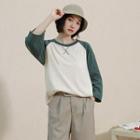 3/4-sleeve Color Block T-shirt Green Sleeves - White - One Size