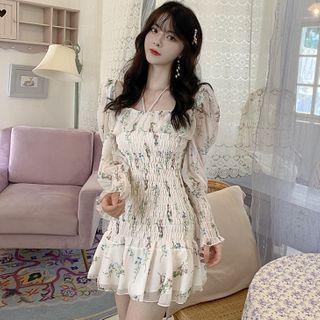 Long-sleeve Floral Chiffon A-line Mini Dress As Shown In Figure - One Size