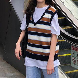 Striped V-neck Knit Vest Stripe - One Size