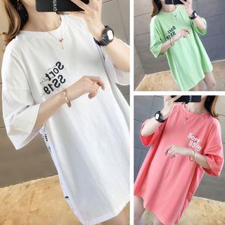 Back Slit Lettering Elbow-sleeve T-shirt