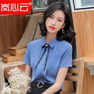 Short-sleeve Tie-neck Shirt/ Mini Pencil Skirt/ Set