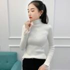 Lace-cuff Mock-turtleneck Ribbed Knit Top