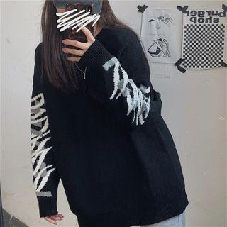 Round Neck Jacquard Sweater Black - One Size