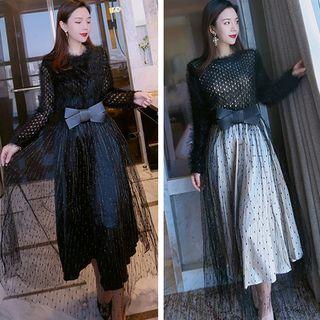 Lace-panel Bow-accent Midi Dress