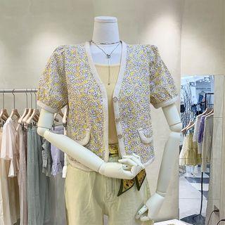V-neck Puff Short-sleeve Floral Top