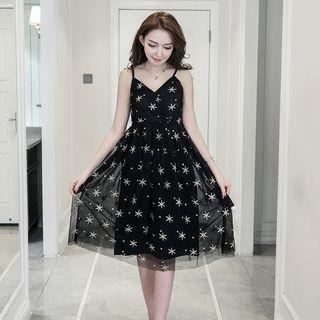 Star Embroidered V-neck Spaghetti Strap Dress