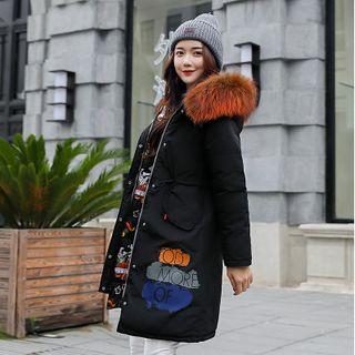 Furry-trim Hooded Zip Lettering Padded Coat