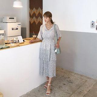 Accordion-pleat Layered Long Floral Dress