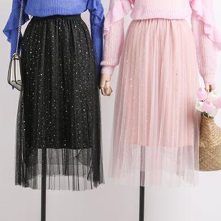 High-waist Sequined Mesh Midi Skirt