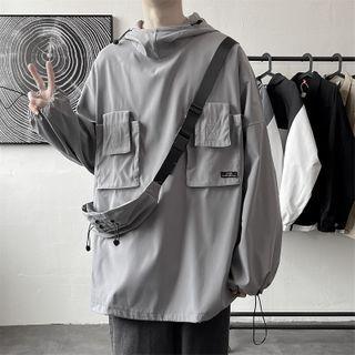 Plain Cargo-pocket Hooded Top With Sling Bag