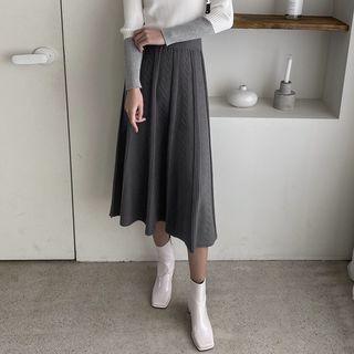 Ribbed-trim Midi Flare Knit Skirt