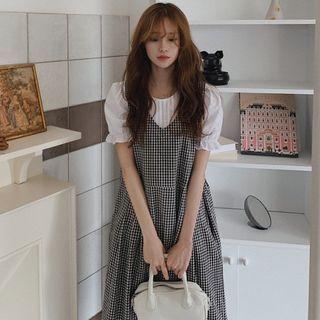 Puff-sleeve Blouse / Gingham Maxi Overall Dress