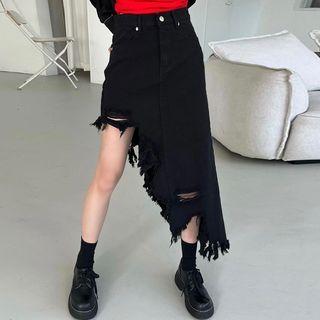 High Waist Irregular Hem Furry-trim Denim Skirt