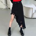 High Waist Irregular Hem Furry-trim Denim Skirt