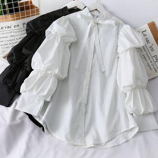 Ribbon-neckline Puff-sleeve Plain Shirt