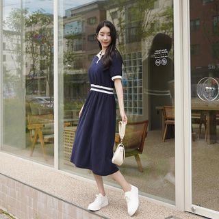 Contrast-trim Long Polo Shirtdress Navy Blue - One Size