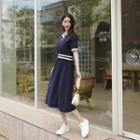 Contrast-trim Long Polo Shirtdress Navy Blue - One Size
