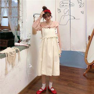 Set : Lace Up Vest Dress + Doll Collar Shirt