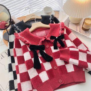 Long-sleeve Plaid Bow-accent Cardigan