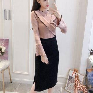 Set: Frill Trim Knit Top + Midi Skirt
