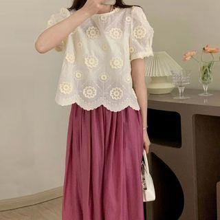 Puff-sleeve Floral Applique Blouse / Midi A-line Skirt