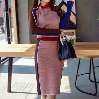 Set: Turtleneck Long-sleeve Knit Top + High Waist Knit Pencil Skirt