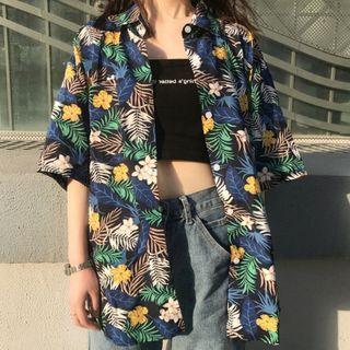 Elbow-sleeve Floral Print Shirt Leaves - Dark Blue - One Size