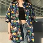 Elbow-sleeve Floral Print Shirt Leaves - Dark Blue - One Size