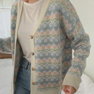 Flower Pattern Knit Cardigan Sky Blue - One Size