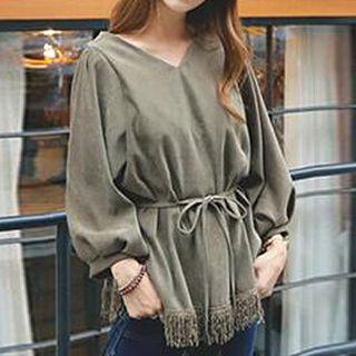 Fringed V-neck Long-sleeve Top
