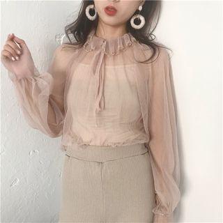 Set: Frill Trim Sheer Blouse + Camisole