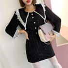 Set: Crochet-trim Chelsea-collar Glitter Blouse + Miniskirt Black - One Size