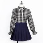Long-sleeve Plaid Blouse / Pleated A-line Skirt