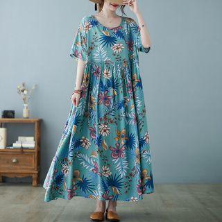 Short-sleeve Floral Maxi A-line Dress Blue - One Size
