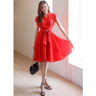 Cap-sleeve Pleated Tie-waist Midi Chiffon Dress