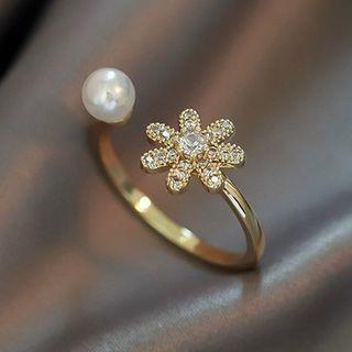 Faux Pearl Rhinestone Flower Open Ring Gold - One Size