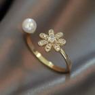 Faux Pearl Rhinestone Flower Open Ring Gold - One Size