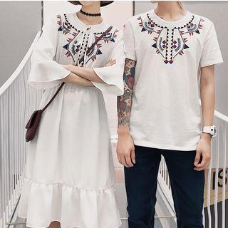 Print Short-sleeve Couple Matching T-shirt / Embroidered Chiffon Dress