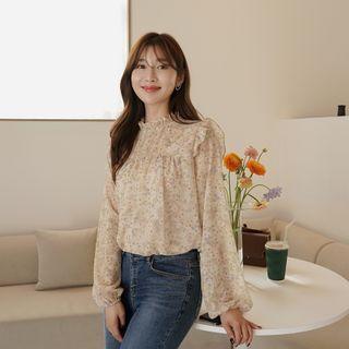 Balloon-sleeve Frilled-trim Floral Blouse