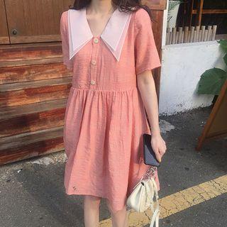 Short-sleeve Plain Collar Button-up High-waist Midi Dress