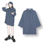 Plain Elbow-sleeve Blouse Grayish Blue - One Size