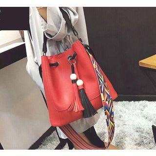Set: Tasseled Bucket Bag + Faux Leather Shoulder Bag