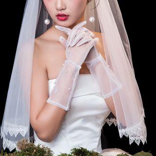 Faux Pearl Bridal Gloves White - One Size