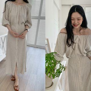 Off-shoulder Pinstripe Long Shirtdress