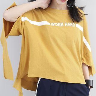 Elbow-sleeved Lettering Asymmetric T-shirt