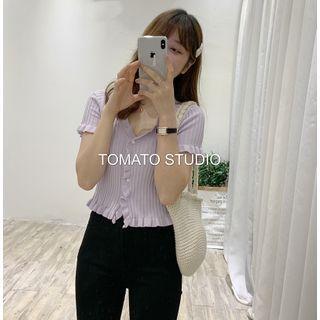 V Collar Striped Short-sleeved Knit Top